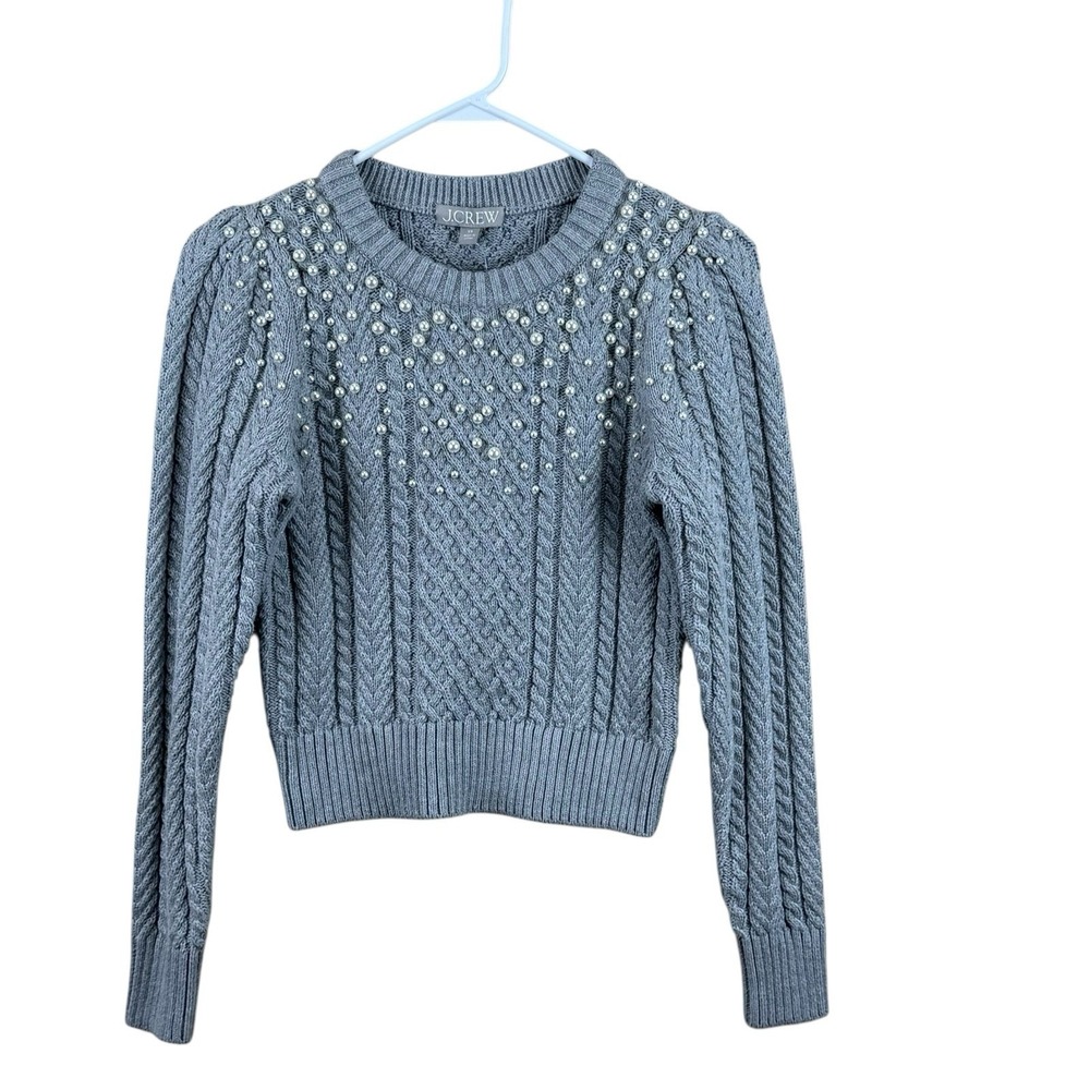 J Crew Women's Sweater Pearl Embellished Cable Knit Puff Sleeve XS NWT‎